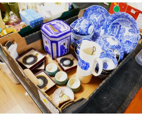 Box of Spode Italian teapot, bowls, cups saucers etc, Horlicks mixer, Ringtons tea tin, Peter Bates miniatures, Denby pots an