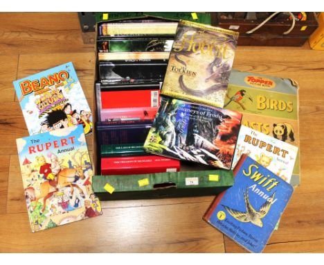 Box of books including The Hobbit by J R R Tolkien, illustrated by Alan Lee, The Illustrated World of Tolkien by David Day, T