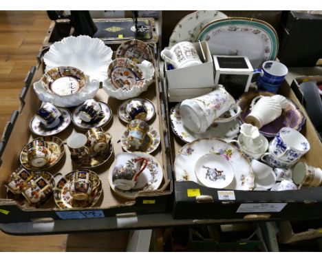 Two boxes of Imari pattern coffee cups and saucer, Spode Cobalt Blue coffee cups and saucers, Coalport white seashell dishes,