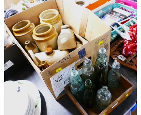 Box of stoneware utensil jars, hot water bottles and glass CODD bottles, Denwood & Son Carlisle, The Maryport Brewery Company