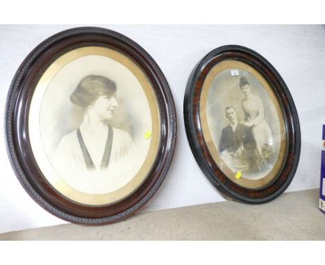 Pair of Victorian oval wooden framed portrait pictures, 60 cm high