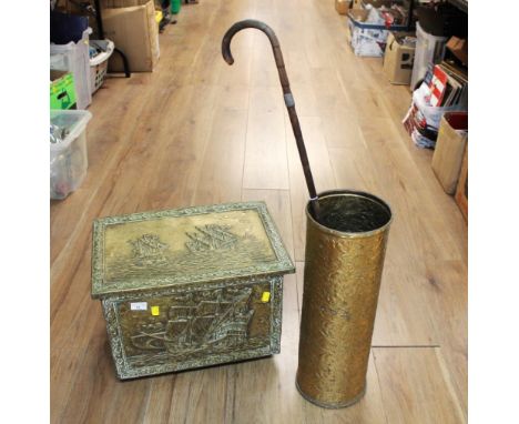 Brass bound log box, brass stick stand and bamboo walking cane