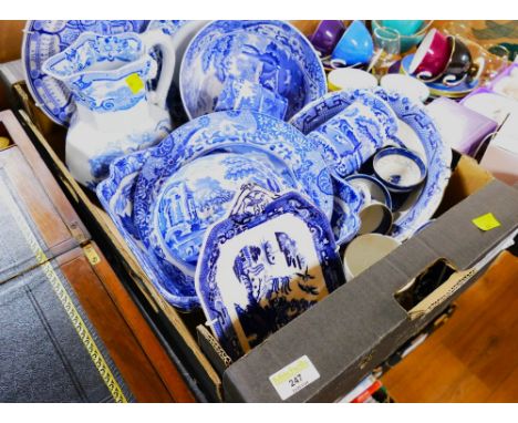 Box of blue and white china, Copeland Spode Italian tureens, jugs, bowls etc