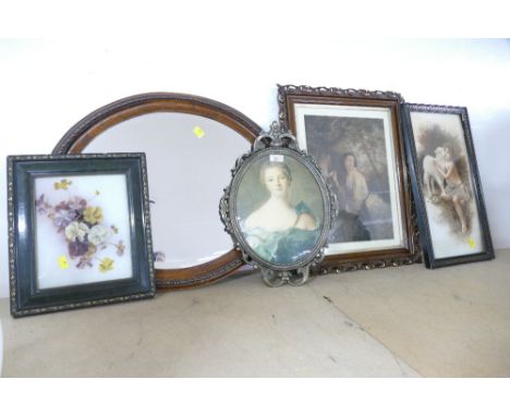 Oval oak wall mirror, three portrait pictures and picture of pansies painted on glass