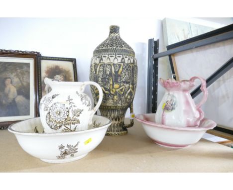 Egyptian patterned urn and two ceramic wash jug and basin sets