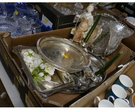 Box of plate trays, candlesticks, epergne and Continental porcelain figurine 