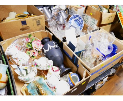 Three boxes of glassware, metal tea set, black metal urn vase, glass dressing table set, ornaments, trinkets and floral paint