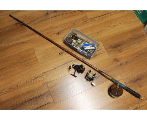 Vintage split cane fishing rod with wooden reel and box of vintage reels and fishing tackle 