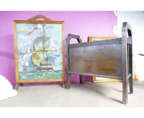 Embroidered galleon firescreen and wooden magazine rack