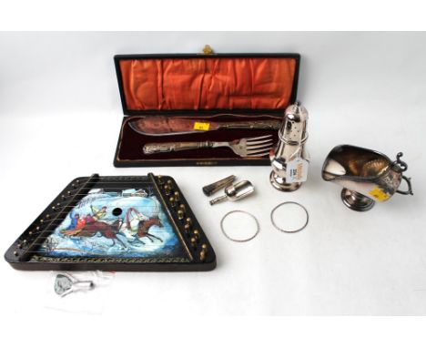 Wooden zither, plated fish slice set in case and plated sugar sifter and sugar coal scuttle  This bladed lot is not for sale 