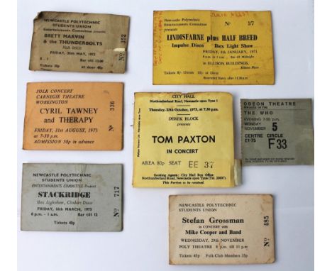 Vintage concert ticket stubs from 1970's including Lindisfarne at Newcastle Polytechnique January 1971, The Who at The Odeon 