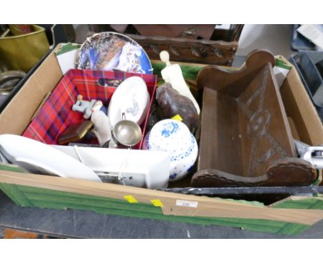 Box of decorative plates, figurines, ornaments, wooden book trough and camera tripod