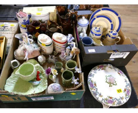 Two boxes of decorative ceramics, Scotch and Sherry barrels, figurines, jugs and tureen 