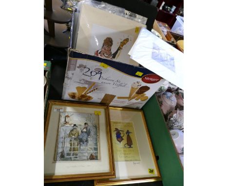 Box of etchings and cartoon caricatures, etching of two tramps and windmill by E.F. Filman and cartoon of mice by Leslie Moak