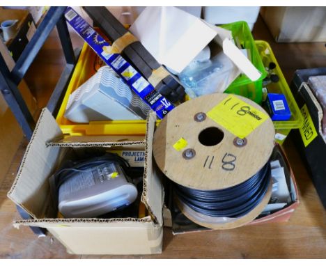 Packets of hinges, light sockets, cable clips, cabling, projector equipment etc.