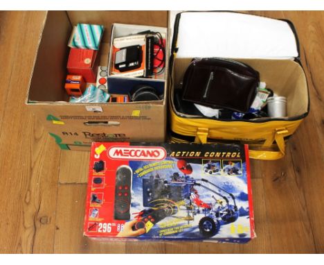 Meccano Action Control vehicle, Kodak colour film bag, box of vintage camera equipment