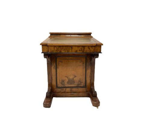 Victorian walnut davenport, removable top section with correspondence compartment over sloped top with green inset, the inter