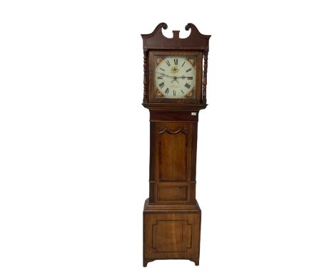 A mid-19th century oak cased longcase clock with a swan’s neck pediment and wooden paterae, with a square hood door flanked b