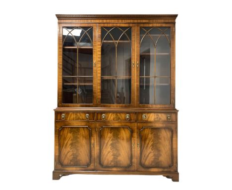 Bevan Funnell Reprodux - Georgian style mahogany library bookcase on cupboard, dentil cornice over three tracery glazed doors