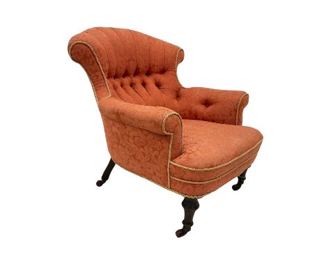 Victorian iron back chair by Cornelius V. Smith, the shaped cresting rail over buttoned back, raised on turned supports termi