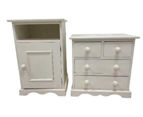 Small painted pine chest, fitted with two short and two long drawers raised on a skirted base (H50cm), and a painted bedside 