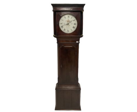 A late 18th century 30-hour  oak and mahogany longcase clock retailed by Henry Fisher, Preston, c1790, with a flat topped ped