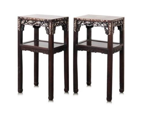 A PAIR OF MOTHER OF PEARL INLAID BLACKWOOD SIDE TABLES The rectangular top on four moulded square supports, joined by an unde
