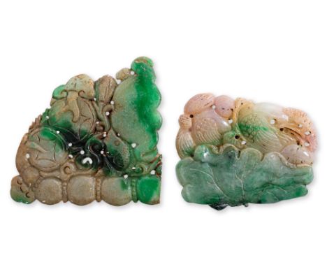 TWO RETICULATED JADEITE LOTUS CARVINGS
Comprising a rectangular example in green and pale jade with lavender tones to edge, t