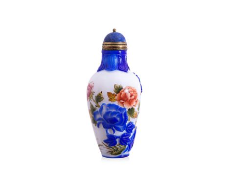 A WHITE AND BLUE OVERLAY GLASS ENAMELLED SNUFF BOTTLE 19th century, opaque white glass bottle with cut blue overlay glass col