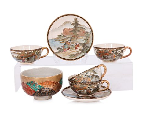 A GROUP OF JAPANESE SATSUMA CERAMICS
Meiji period and later, four tea cups and two saucers decorated with figures in a landsc