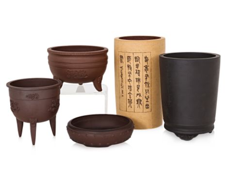 A GROUP OF FIVE YIXING PLANTER JARS
20th century, two archaistic tripod examples, one shallow circular jar with exterior stud