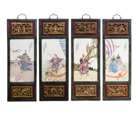 A SET OF FOUR 'ROMANCE OF THE THREE KINGDOMS' PORCELAIN PLAQUES
Famille rose enamel decoration on white ground, variously dep