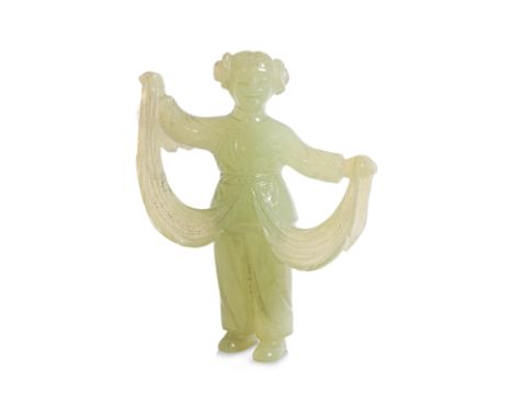 A CULTURAL REVOLUTION CARVED JADE FIGURE OF A GIRL Mid-20th century, green serpentine jade, modelled standing and holding her