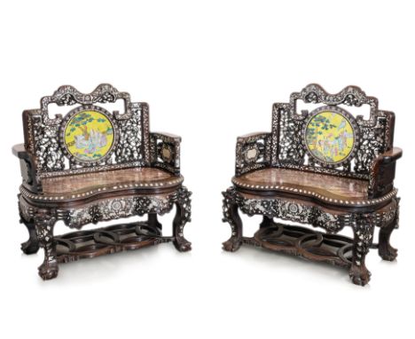 A PAIR OF LARGE PORCELAIN AND MARBLE INSET BLACKWOOD THRONE CHAIRS Late 19th/early 20th century, the arched back rest centere