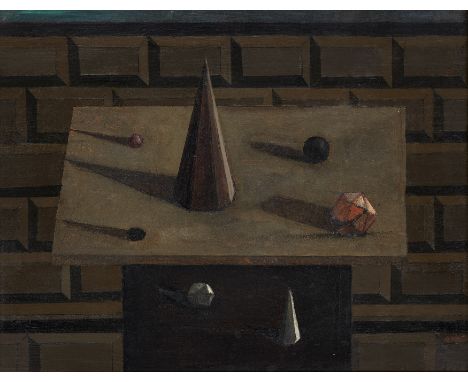 Peter Rose Pulham,&nbsp;British 1910-1956 -&nbsp;The Conjuror&rsquo;s Table;&nbsp;oil on panel, signed and titled on the reve