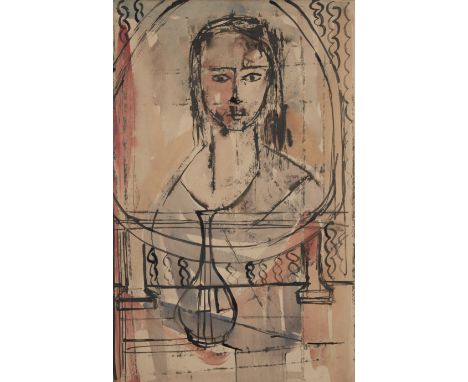 Gwilym Prichard,  Welsh 1931-2015 -   Portrait of a woman by a table with a vase;   ink and watercolour, 46.2 x 29.1 cm (ARR)