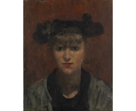 Frederick Deane,&nbsp;British 1924-2020 -&nbsp;Le Chapeau Noir;&nbsp;oil on board, with artist's label attached to the revers