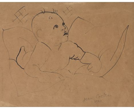Jean Cocteau,&nbsp;French 1889-1963 -&nbsp;Baby on his bed, 1947;&nbsp;ink on paper, signed and dated lower right &lsquo;Jean