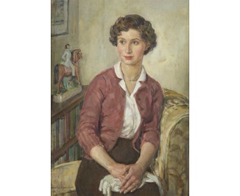 Dorothy Johnstone,&nbsp;&nbsp;Scottish 1892&ndash;1980 -&nbsp;Portrait of a lady seated, 1957;&nbsp;oil on canvas, signed and