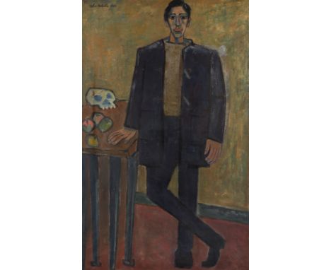 John Melville,  British 1902-1986 -   Portrait of the artist's son Theo, standing full-length by a table, 1957;   oil on canv