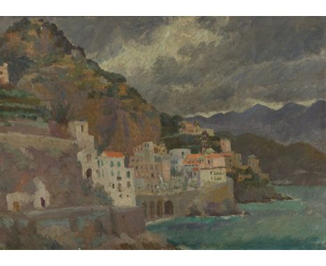 Edward Le Bas RA,&nbsp;British 1904-1966 -&nbsp;Atrani, near Amalfi;&nbsp;oil on panel, signed and titled on the reverse 'Edw