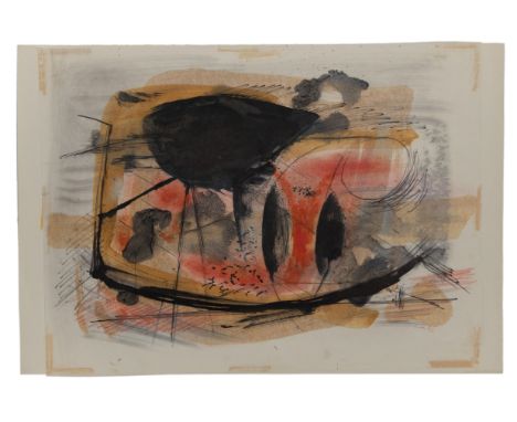 Clarke Hutton,&nbsp;British 1898-1984 -&nbsp;Untitled (red and ochre), 1963;&nbsp;watercolour and ink on paper, signed with i
