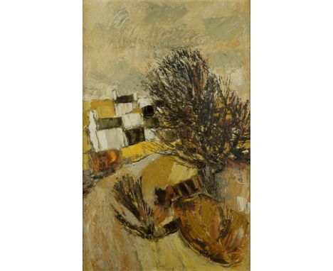 Gwilym Prichard,&nbsp;Welsh 1931-2015 -&nbsp;Village scene in the hills with woodland;&nbsp;oil on board, signed with initial