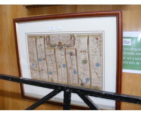 A hand coloured early map of the road from London to Southampton by John Ogilby