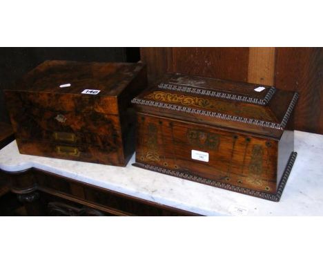 A rosewood and brass inlaid tea caddy together with a jewellery box