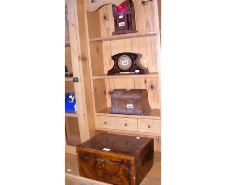 An antique tea caddy, clock, wooden box, etc.  