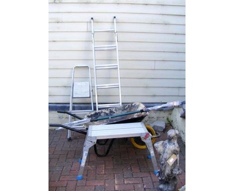 A Florabest pruning shear together with two aluminium step ladders, a step-up and a wheelbarrow