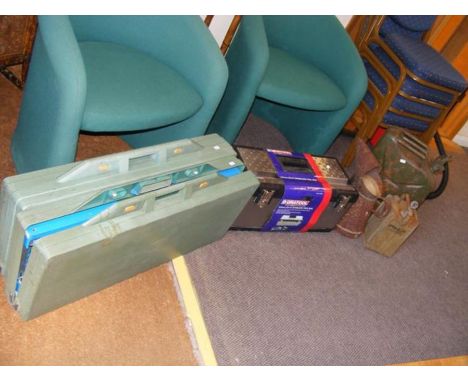 Vintage petrol cans together with a stainless steel toolbox and cased bench units
