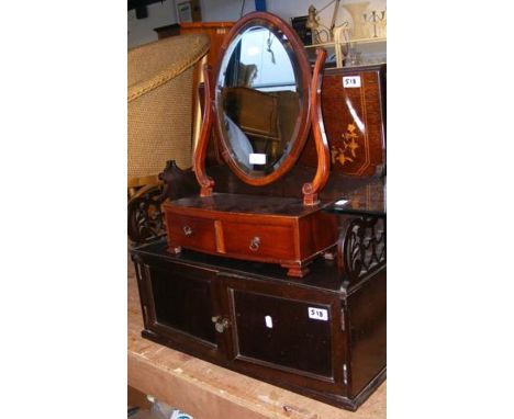 A mahogany toilet mirror, together with a drop leaf occasional table and hanging wall cupboard 