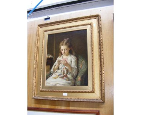 J.W WATERHOUSE - an oil on canvas of seated girl sewing - 50cm x 40cm, signed lower rightCONDITION REPORTThe portrait was giv